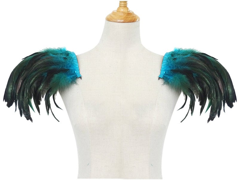 L'VOW Natural Real Feather Epaulet Shrug Shoulder Strap Halloween Costumes Pack of 2 (Acid blue) - Image 3